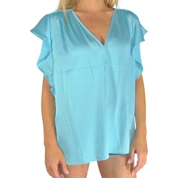 *NWT WHITE HOUSE BLACK MARKET Flutter Sleeve Silky V-Neck Top in Bermuda Blue - Picture 6 of 12